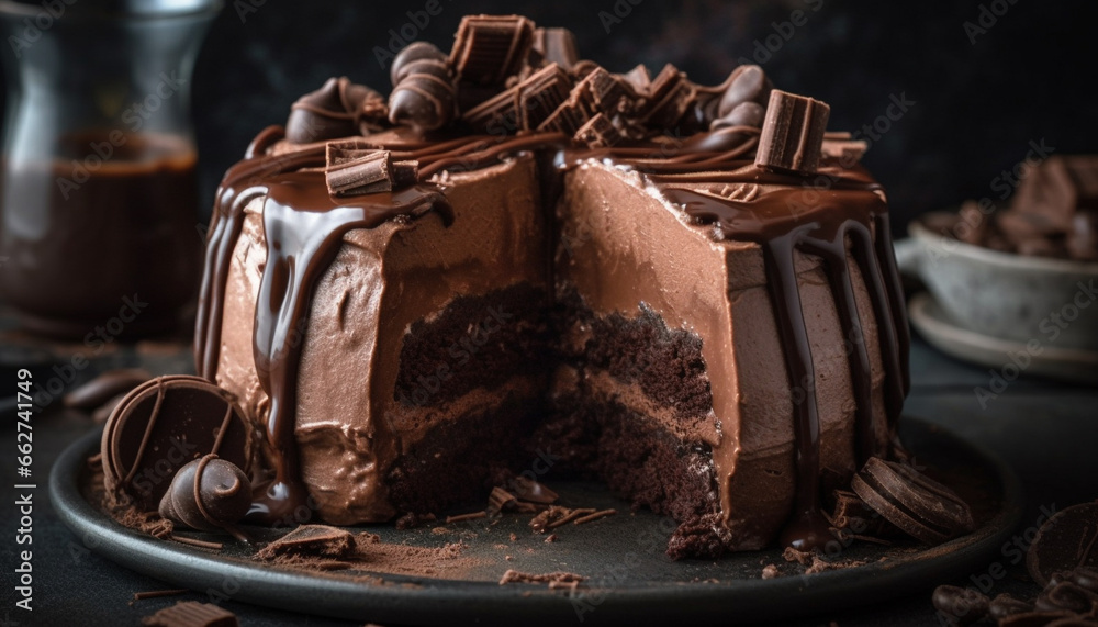 Obraz premium Indulgent homemade chocolate brownie with hazelnut decoration on rustic table generated by AI