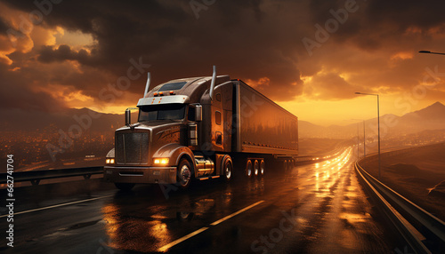 Truck delivering freight, speeding on multiple lane highway at dusk generated by AI photo