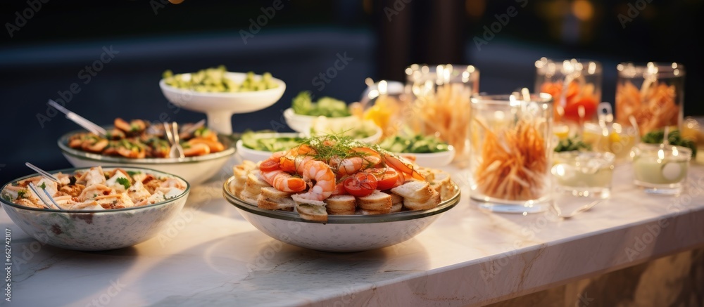 Gourmet snacks for outdoor events with shrimp cheese and caviar High end catering and banquet service With copyspace for text