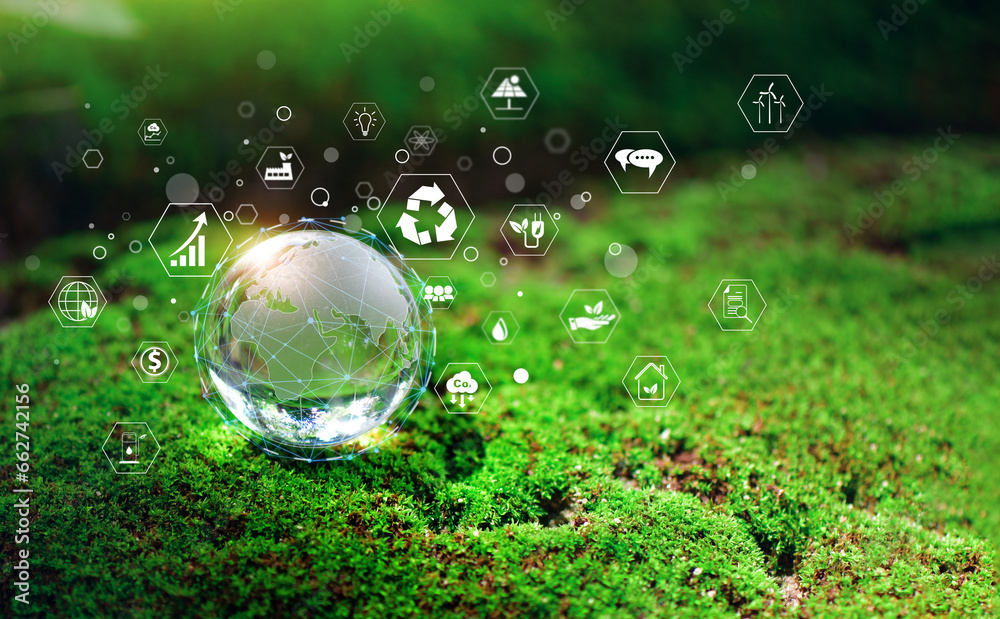 Glass globe in green forest with the icon environment of ESG, co2, circular company, and net zero. Technology Environment, Organization Sustainable development environmental. Glass globe in green forest with the icon environment of ESG, co2, circular company, and net zero. Technology Environment, Organization Sustainable development environmental.