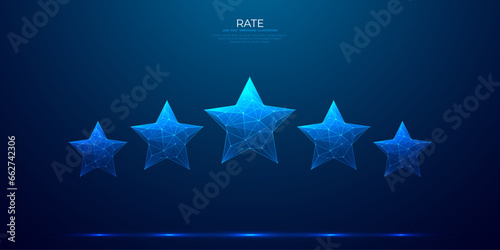 Digital 5 stars rating on technology blue background. Abstract polygonal wireframe vector illustration in futuristic hologram style. Modern light connection structure. Low poly with connected dots.