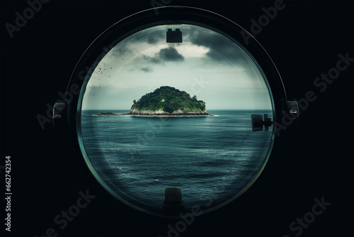 view of an island from the porthole
