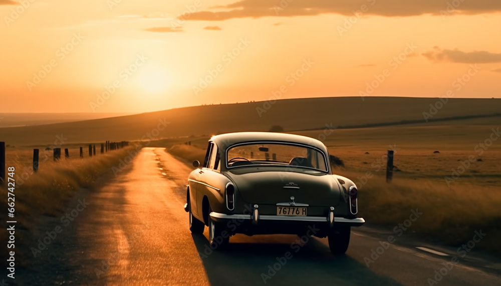 Vintage sports car speeds through rural landscape at sunset generated by AI