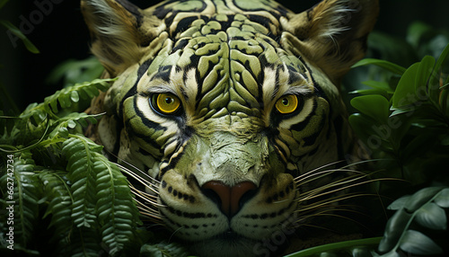 Majestic Bengal tiger, fierce and beautiful, hiding in tropical rainforest generated by AI