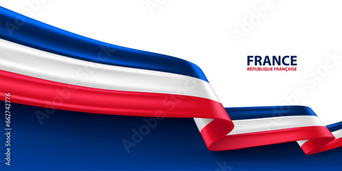 France 3D ribbon flag. Bent waving 3D flag in colors of the France national flag. National flag background design.
