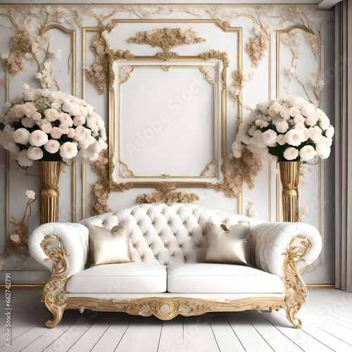3D, the luxury white sofa's of full wodden art, white background, beautufil fram of flowers photo