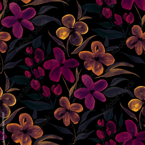 Watercolor seamless pattern with spring floral bouquets. Vintage botanical il...