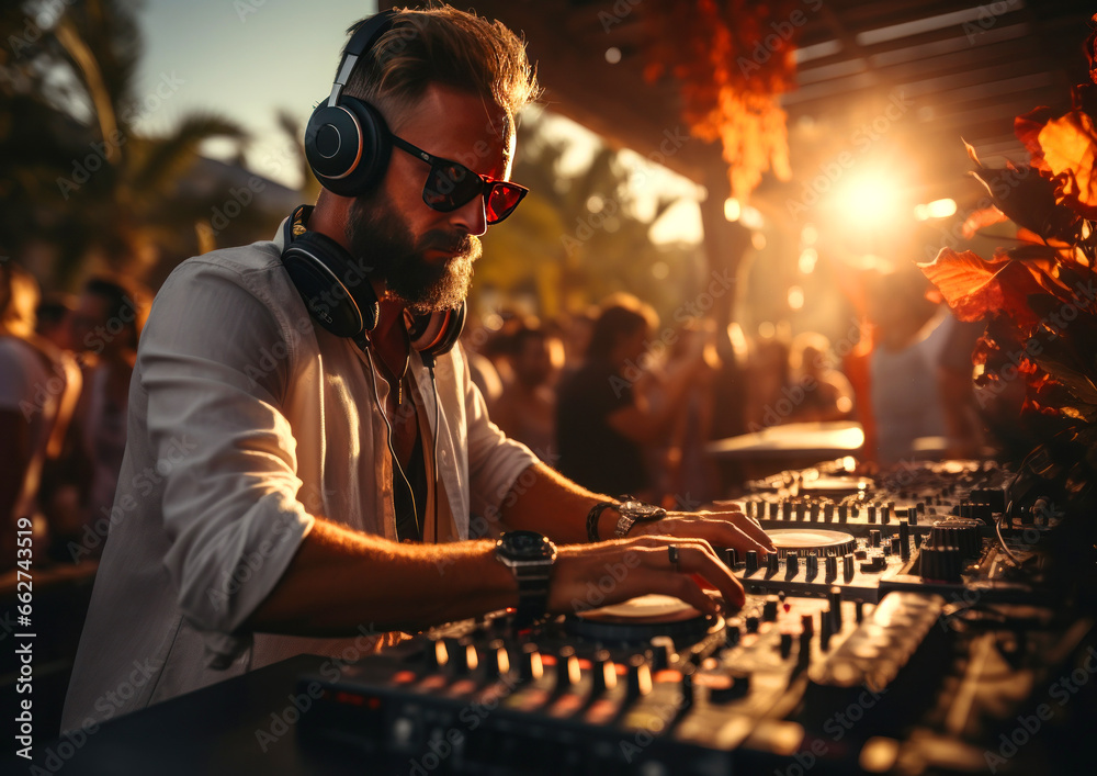 Male DJ at the console playing music at a beach summer party - obrazy, fototapety, plakaty 