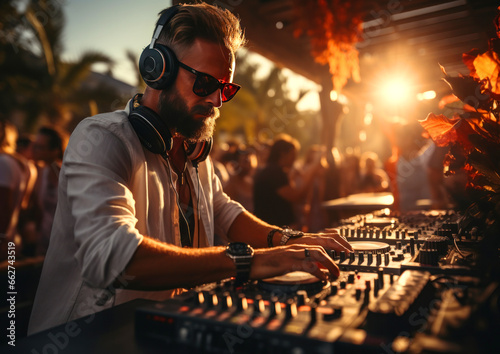 Male DJ at the console playing music at a beach summer party