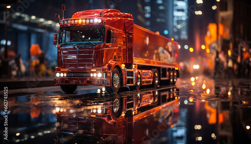 Blur motion of traffic at night, delivering freight transportation in city generated by AI