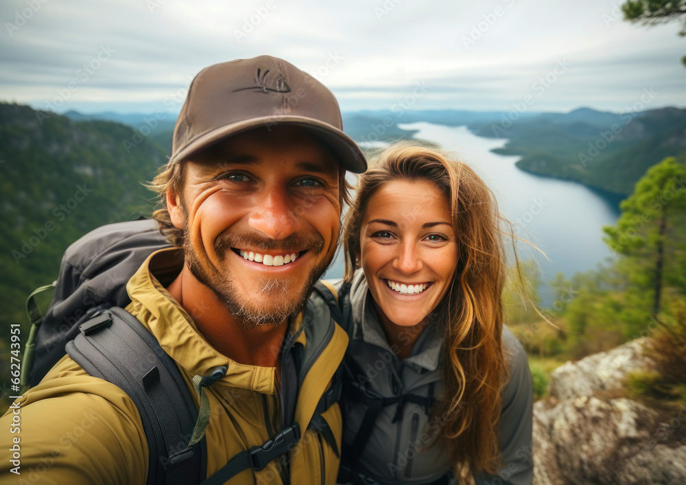 happy laughing couple taking selfie while hiking in the mountains