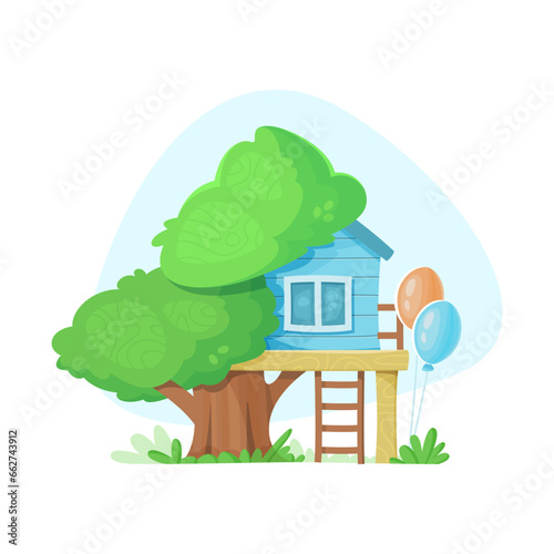 Cute blue house on tree for kids. Cartoon vector illustration.