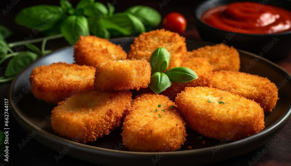 Deep fried mozzarella balls and breaded fish make savory appetizers generated by AI Deep fried mozzarella balls and breaded fish make savory appetizers generated by AI