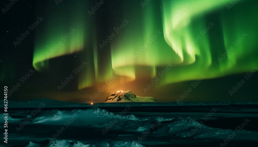 Majestic mountain range illuminated by vibrant aurora polaris reflection generated by AI
