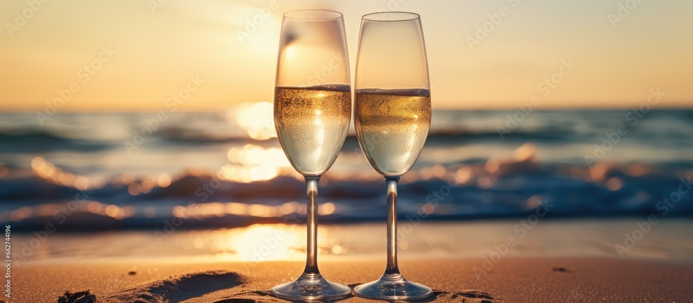 Cava or champagne glasses by the ocean at sunset With copyspace for text