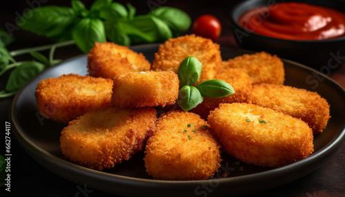 Deep fried mozzarella balls and breaded fish make savory appetizers generated by AI
