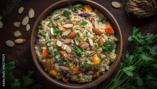 A healthy vegetarian risotto with fresh broccoli and homemade quinoa generated by AI