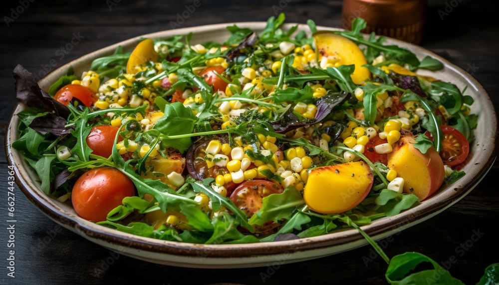 Grilled seafood salad with cherry tomatoes, herbs, and arugula appetizer generated by AI