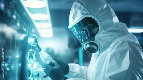 doctor in a protective suit in laboratory examines the virus