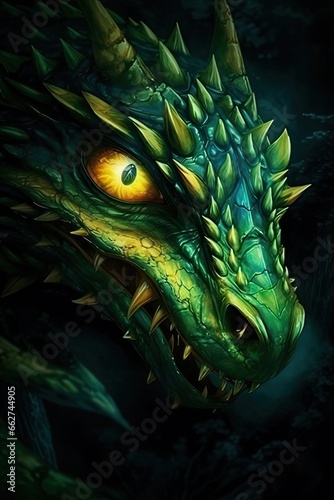 Green dragon head with yellow eyes