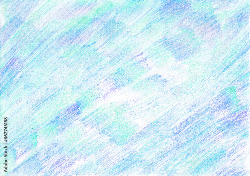 Abstract background shaded with colored pencils. Different shades of blue. Diagonal strokes. White lumens and purple spots are visible. Winter, frost, cold. - obrazy, fototapety, plakaty 