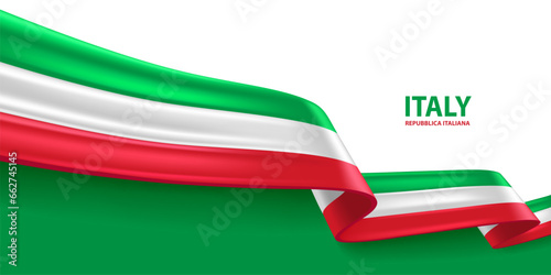 Italy 3D ribbon flag. Bent waving 3D flag in colors of the Italy national flag. National flag background design.