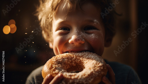 Cute Caucasian boy indulges in sweet donut, enjoying childhood outdoors generated by AI