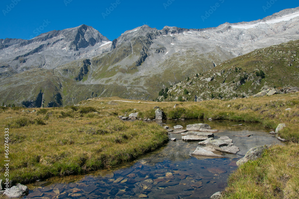 View of a little stream in the Zillertal alps in South Tyrol, Italy
