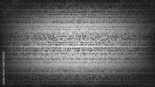 Static noise on the TV screen with a dithering effect and darkening around the edges. Black and white broadcast error background. Abstract vector illustration