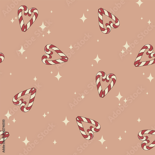 Vector retro seamless pattern with candy cane hearts and sparkling stars