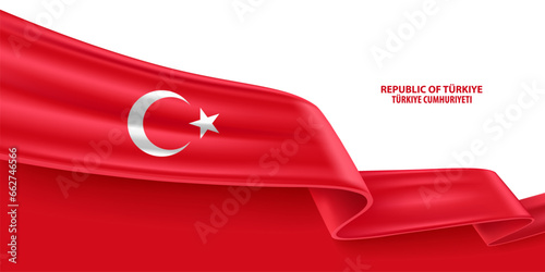 Türkiye 3D ribbon flag. Bent waving 3D flag in colors of the Türkiye national flag. National flag background design.