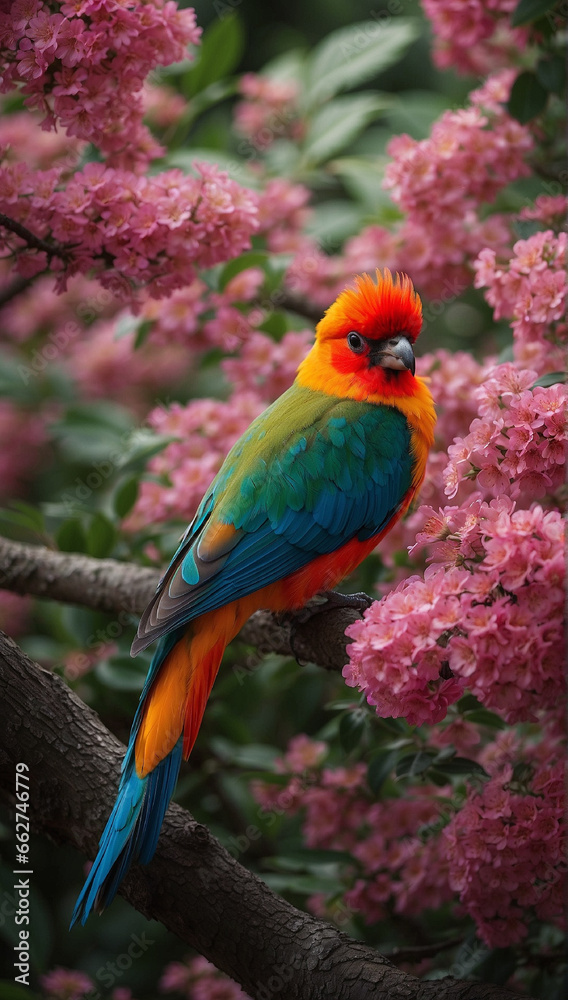 Ai generative photo of a bird with beautiful colored feathers with a background of pink flowers
