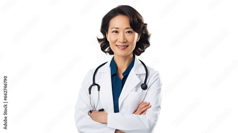Medical doctor with stethoscope. Middle aged Asian woman wigh folded hands, smiling. Hospital staff concept. Studio photo on blue background. Medical doctor with stethoscope. Middle aged Asian woman wigh folded hands, smiling. Hospital staff concept. Studio photo on blue background.