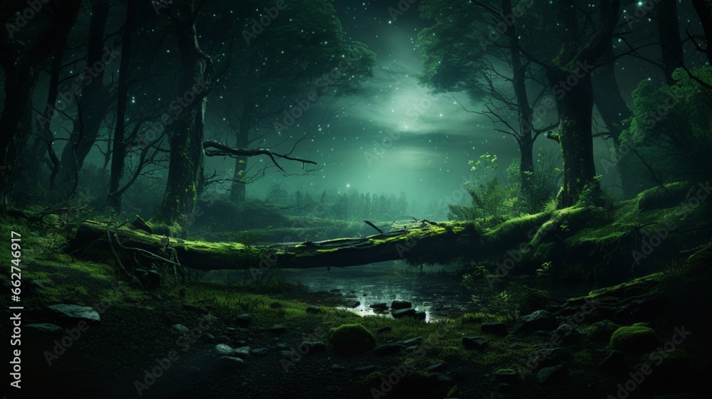 Green dark magical forest night fantasy wallpaper image Ai generated art
