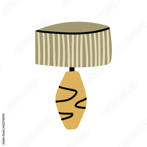 Cute hand drawn table lamp vector illustration. Scandinavian style table lamp with thrum striped lampshade. Vintage mid century bedside lamp, cozy home furniture element.