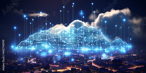 A blue background with clouds and the words cloud computing on it Digital city  Digital cyberspace  Digital data network cloud computing connections  with night view background Ai Generative 
