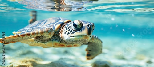 Cute baby turtle in blue water close up With copyspace for text