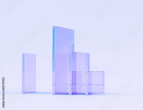 Fototapeta Naklejka Na Ścianę i Meble -  Glass square and rectangle plates on abstract purple background 3d render. Transparent clear rainbow rectangular shapes, geometric gradient panels with light refraction prism crystal. 3D illustration