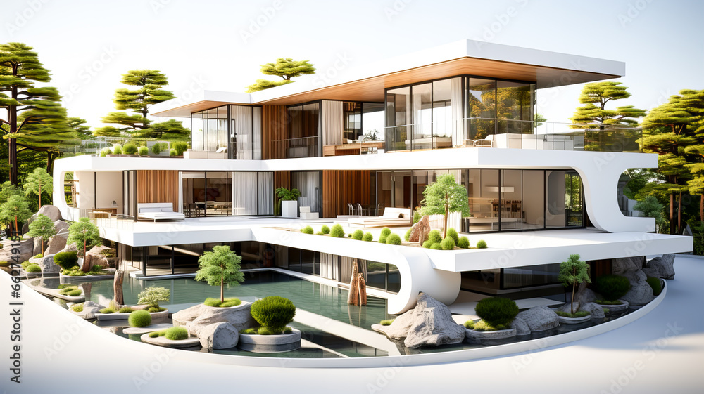 3d rendering of modern cozy house with pool and parking for sale or rent in luxurious style and beautiful landscaping on background. Clear sunny summer day with blue sky. Generative AI technology. 3d rendering of modern cozy house with pool and parking for sale or rent in luxurious style and beautiful landscaping on background. Clear sunny summer day with blue sky. Generative AI technology.