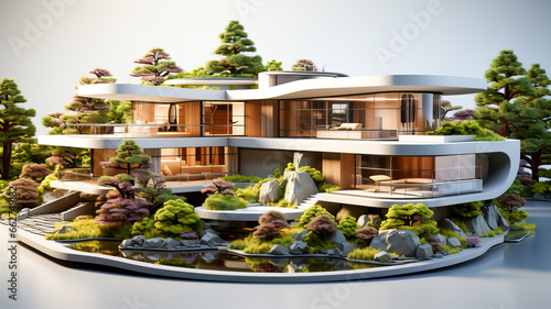 3d rendering of modern cozy house with pool and parking for sale or rent in luxurious style and beautiful landscaping on background. Clear sunny summer day with blue sky. Generative AI technology.