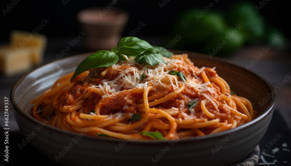 Fresh pasta with bolognese sauce, parmesan cheese, and herbs generated by AI