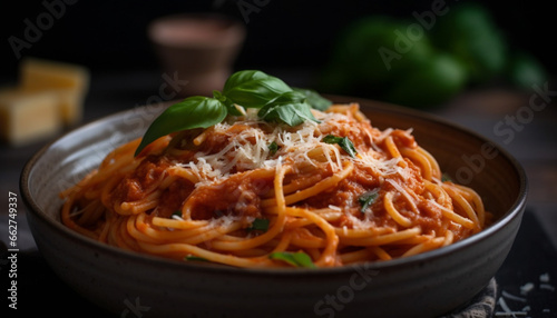 Fresh pasta with bolognese sauce, parmesan cheese, and herbs generated by AI
