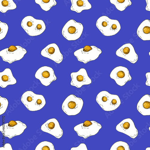 Broken eggs seamless pattern. Scrambled eggs. Breakfast background.
