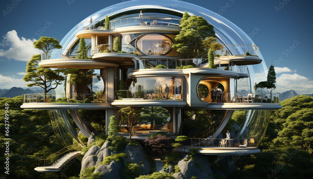 A luxurious skyscraper in a tropical climate with modern technology generated by AI