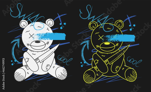 Bear toy print for t-shirt with spray effect.. Graffiti style slogan text. Vector illustration on black background