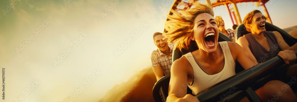 People cheering and enjoying a roller coaster ride at the amusement park with sunset in the background. With copy space.  - obrazy, fototapety, plakaty 