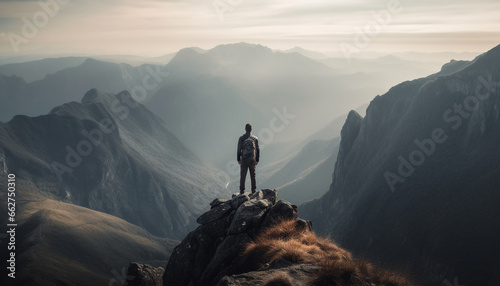 Standing on mountain peak, one person conquering extreme terrain generated by AI