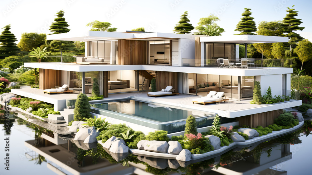 3d rendering of modern cozy house with pool and parking for sale or rent in luxurious style and beautiful landscaping on background. Clear sunny summer day with blue sky. Generative AI technology. - obrazy, fototapety, plakaty 