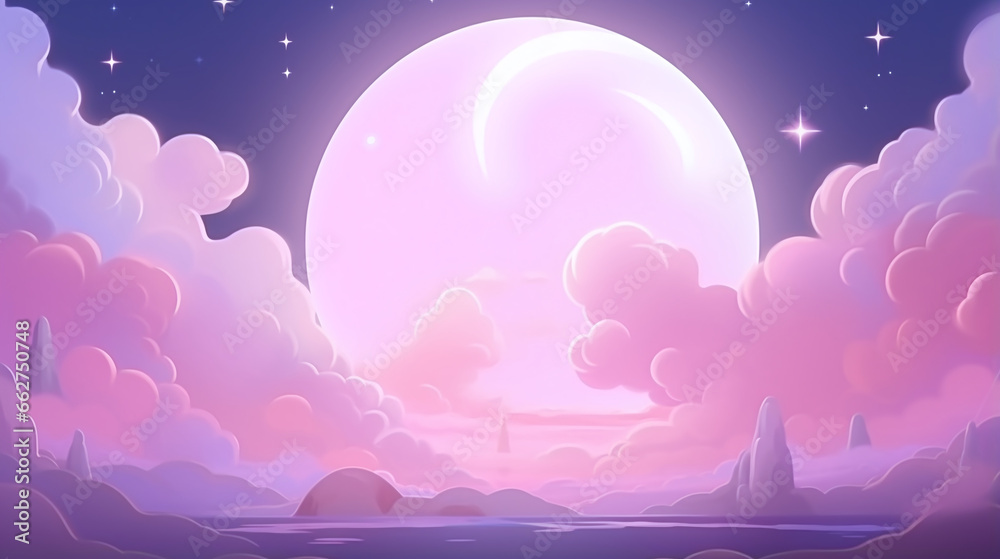 A Dreamy Night Scene with a Full Moon and Pink Pastel Clouds