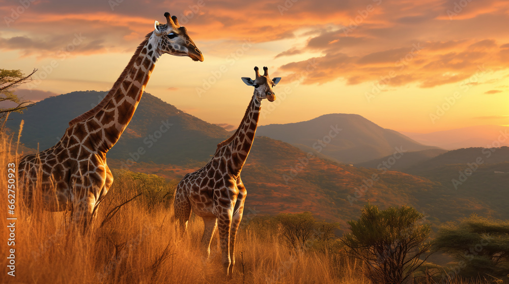 Fototapeta premium Giraffes Gracefully Grazing in the Serene Hills